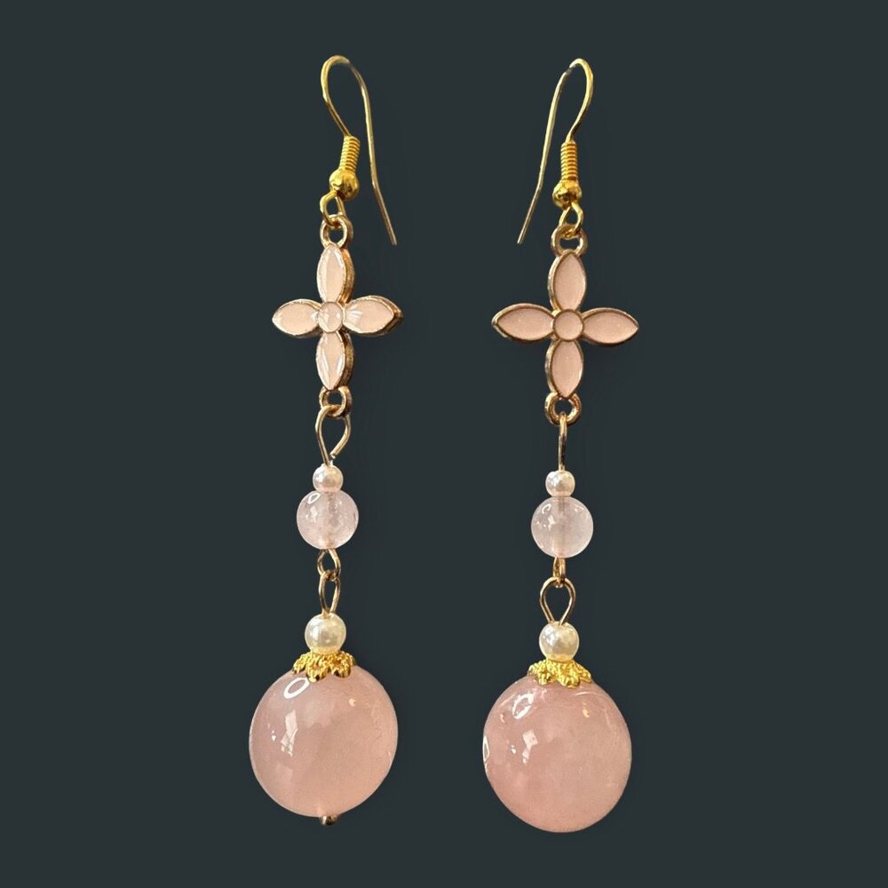 Earrings Rose Quartz sphere cross drop women’s jewelry fashion accessories NEW